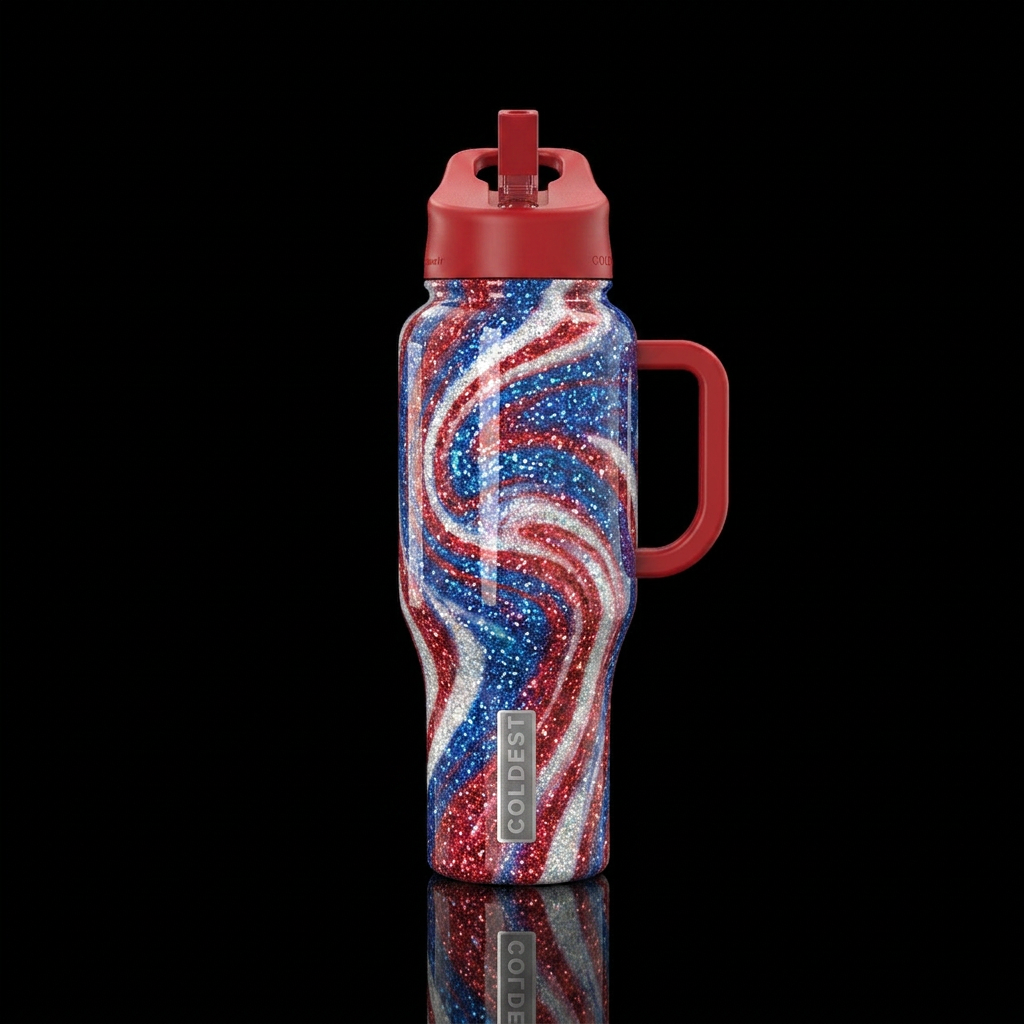 american glitter, swirl water bottle design