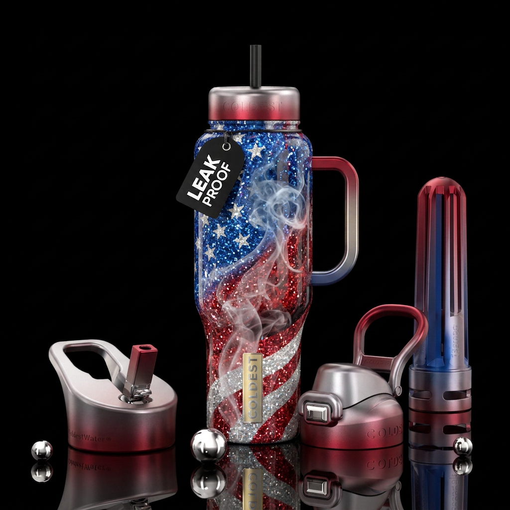 american glitter inlay, smoke, metallic lid and ha... water bottle design