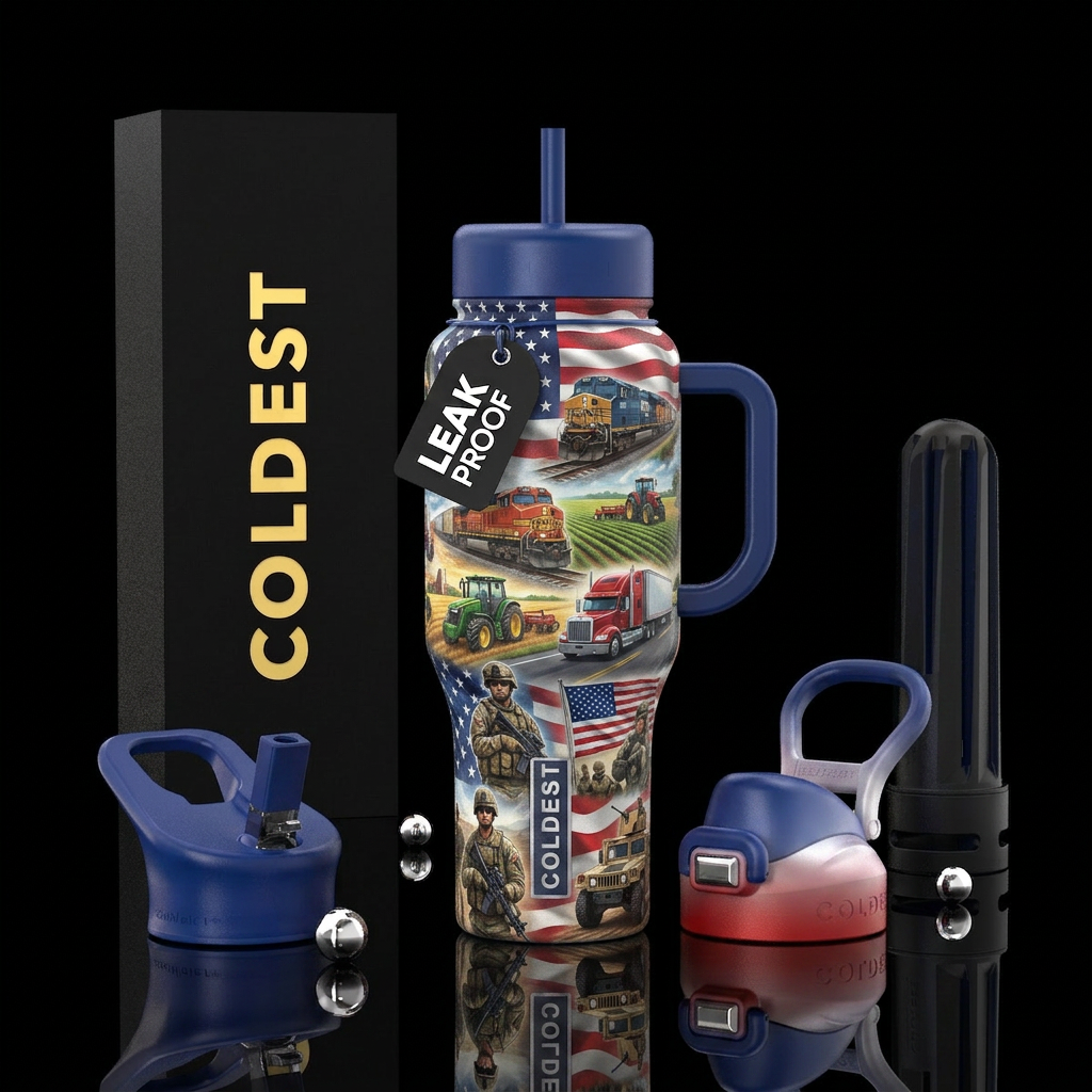 Trains, farmers, truckers, military, USA in the ba... water bottle design
