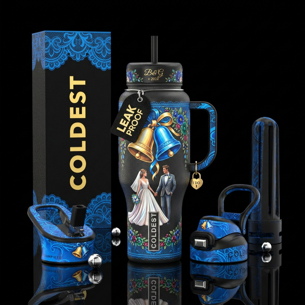 Wedding bells bride groom water bottle design