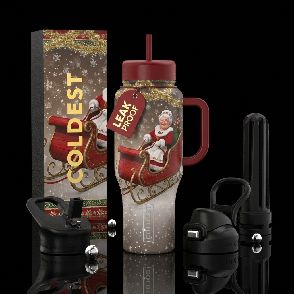 Red sled with Mrs Claus water bottle design