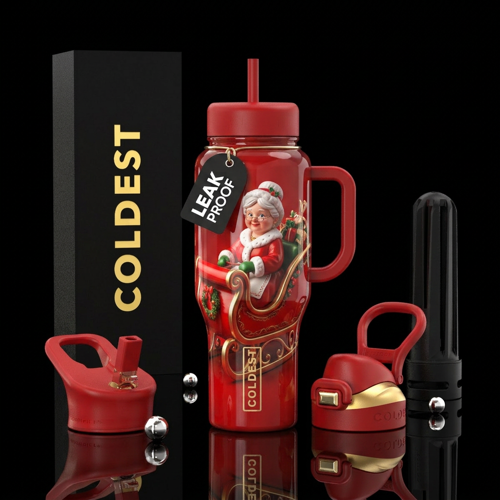 Red sled with Mrs Claus water bottle design