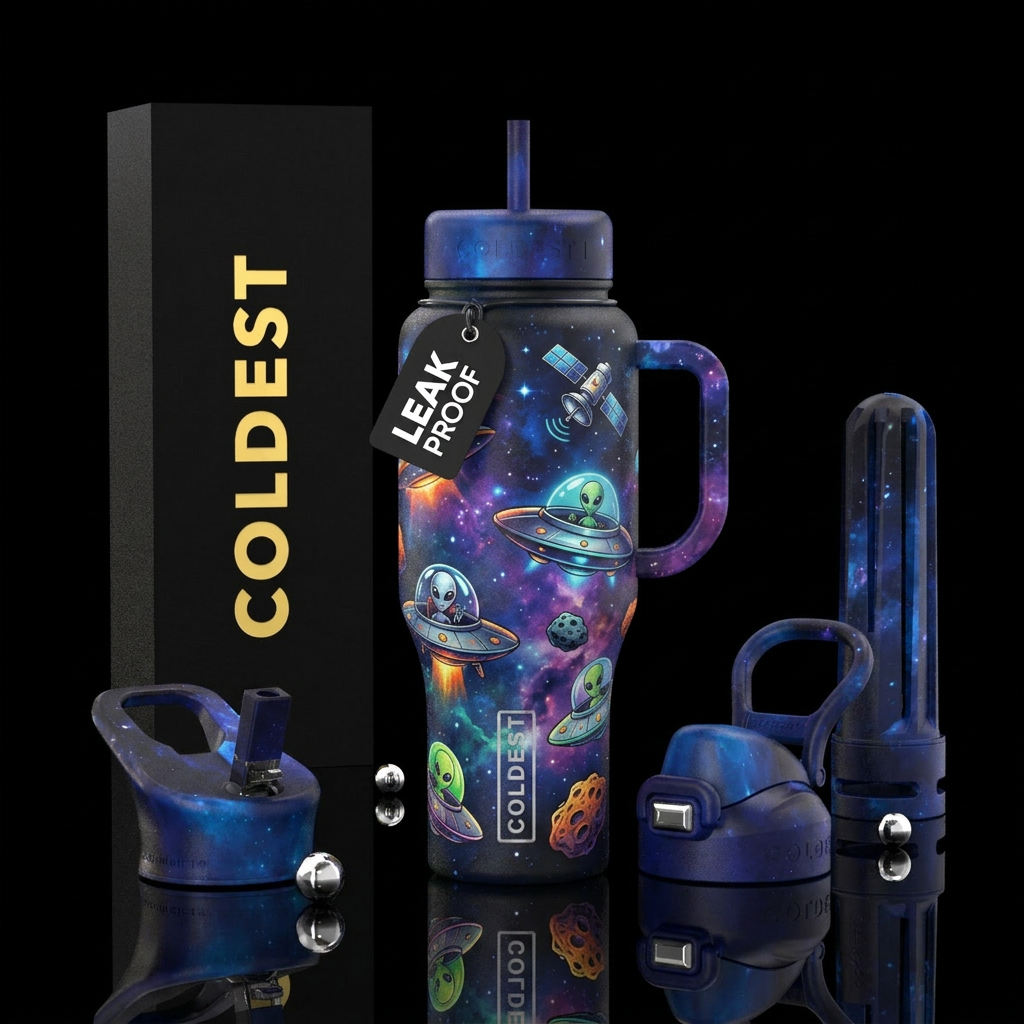UFOs, Satellites, Aliens, Astroids water bottle design