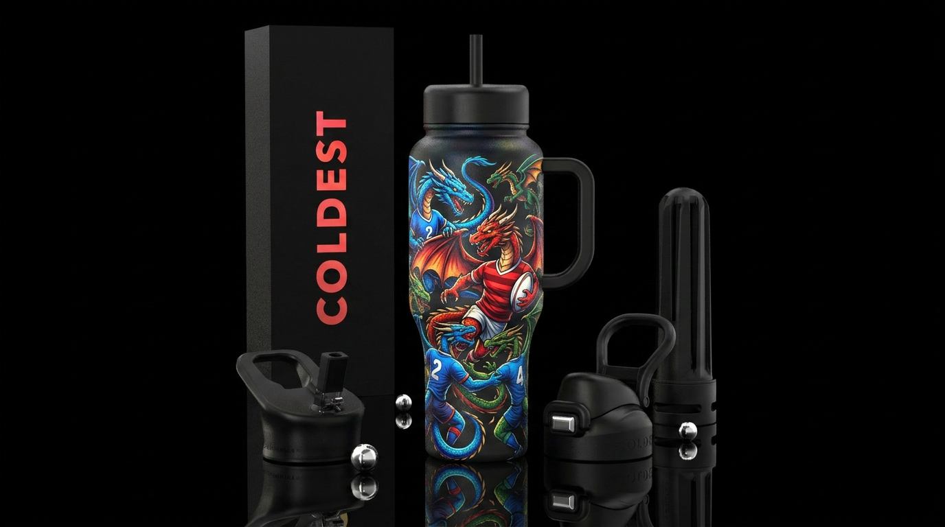 Dragons playing Rugby water bottle design