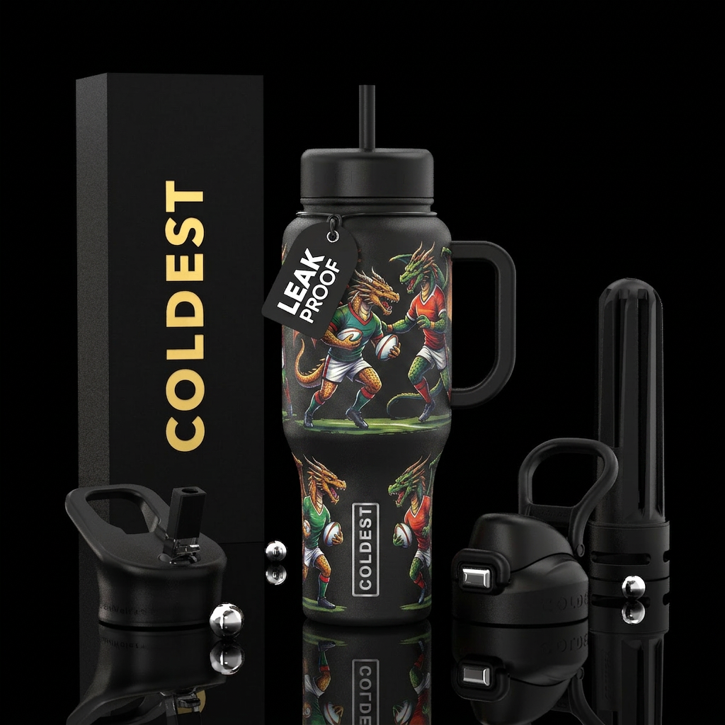 Dragons playing Rugby water bottle design
