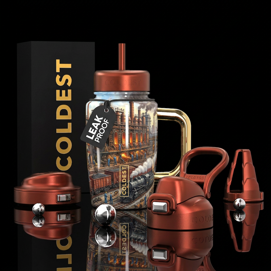 The Coke Ovens, workers, trains, photorealistic, d... water bottle design