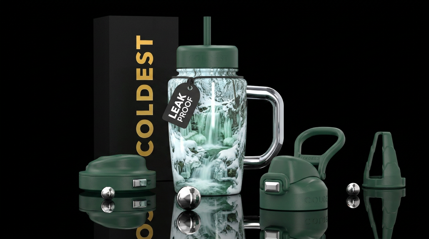 Cucumber Waterfalls in the winter, photorealistic,... water bottle design