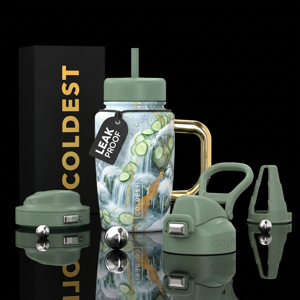 Cucumber Waterfalls in the winter, photorealistic,... water bottle design