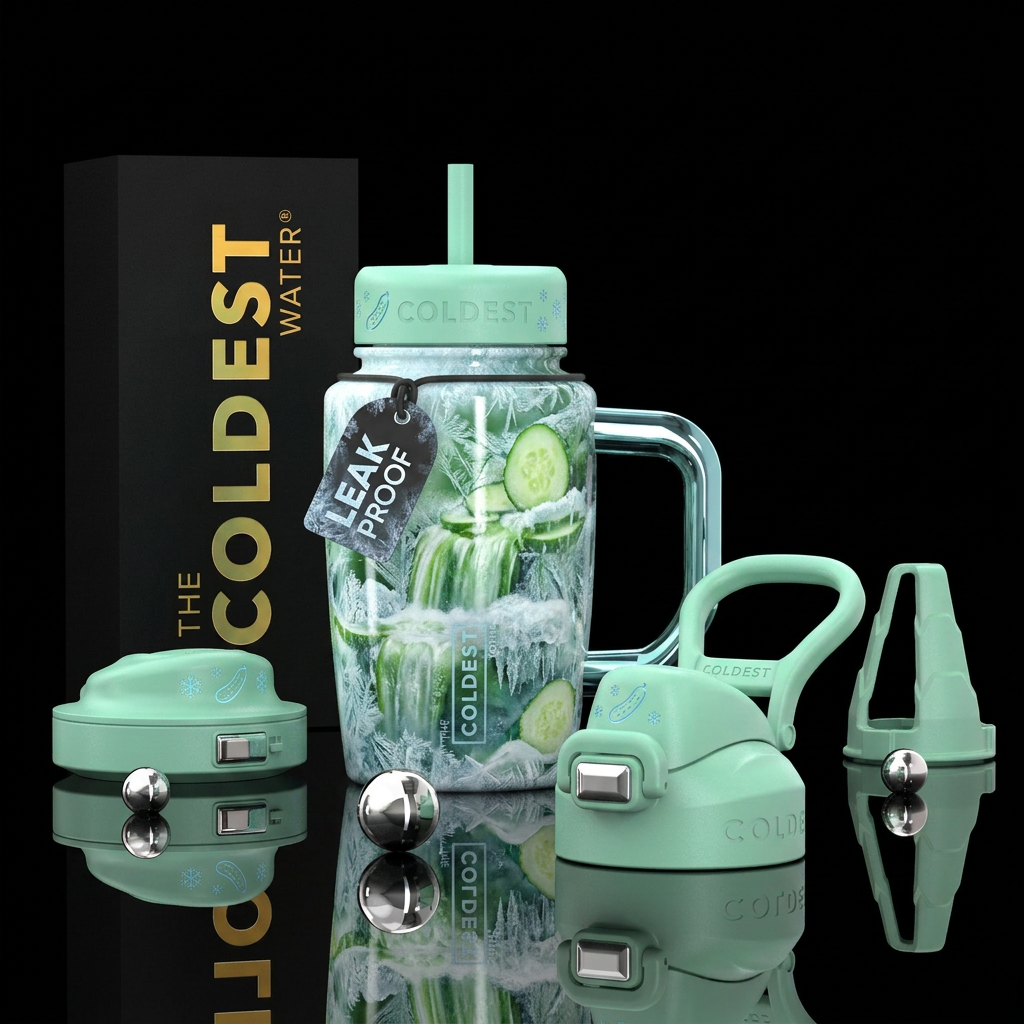 Cucumber Waterfalls in the winter, photorealistic,... water bottle design