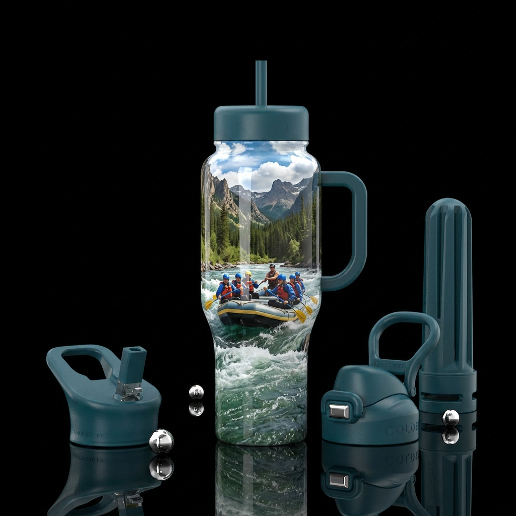 Rafting on the river, photorealistic, detailed, li... water bottle design