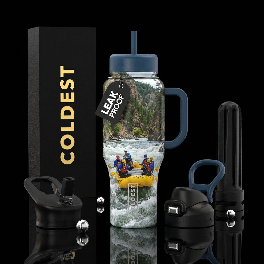 Rafting on the river, photorealistic, detailed, li... water bottle design