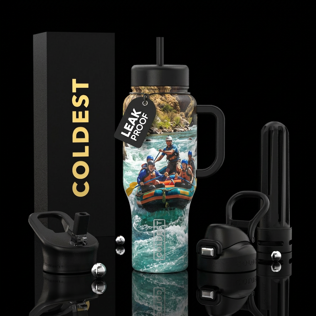 Rafting on the river, photorealistic, detailed, li... water bottle design