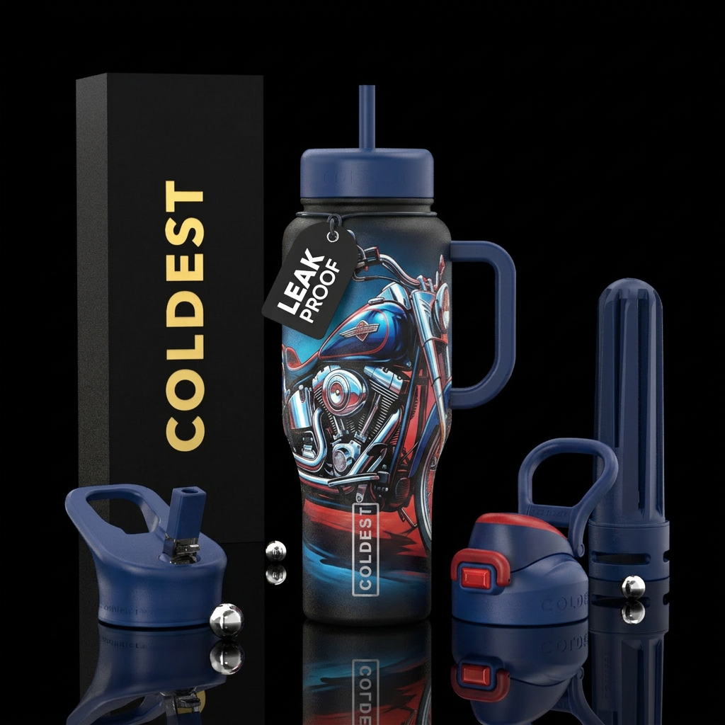 Motorcycle, photorealistic, detailed, lifelike, hi... water bottle design