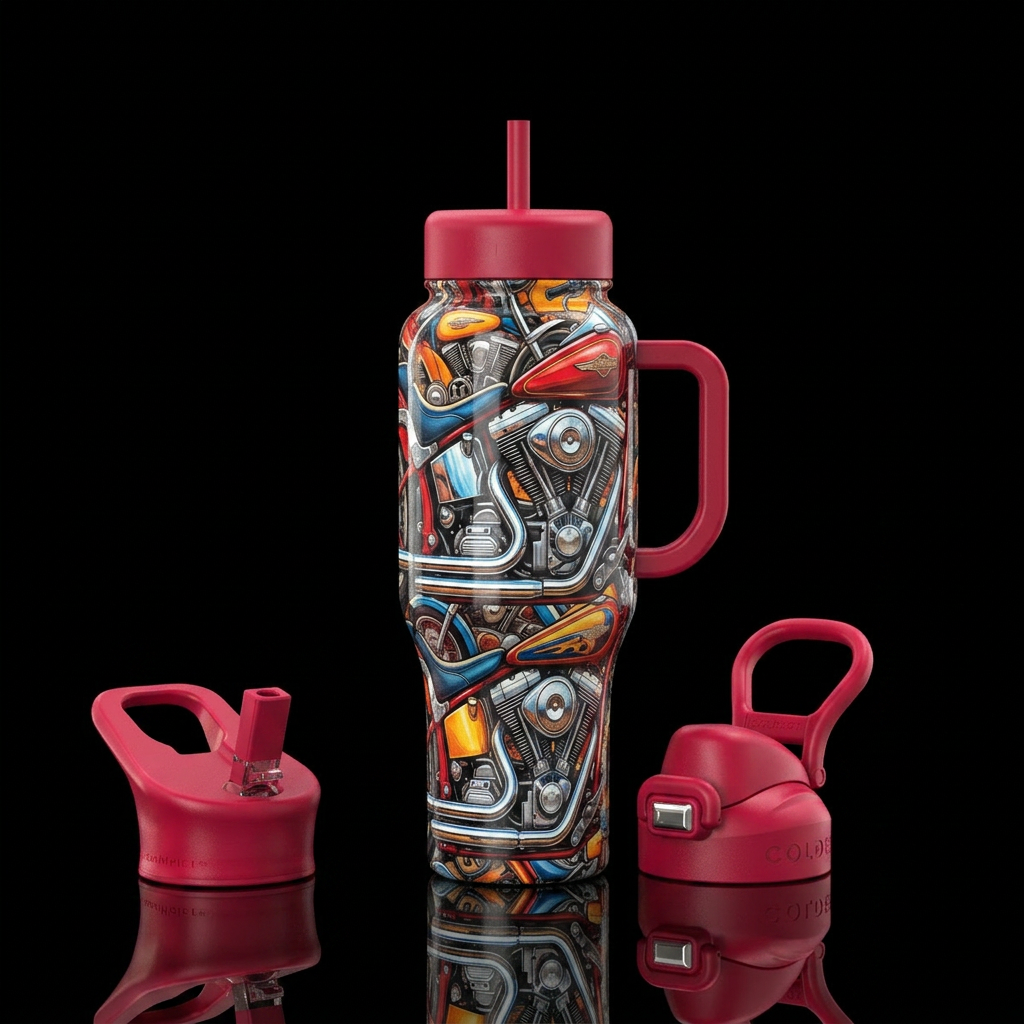 Motorcycle, photorealistic, detailed, lifelike, hi... water bottle design