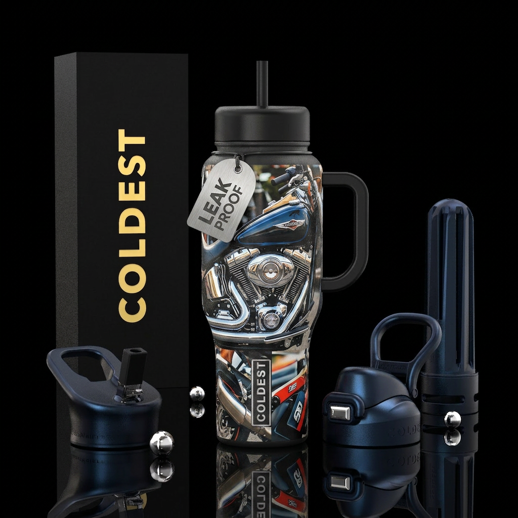 Motorcycle, photorealistic, detailed, lifelike, hi... water bottle design