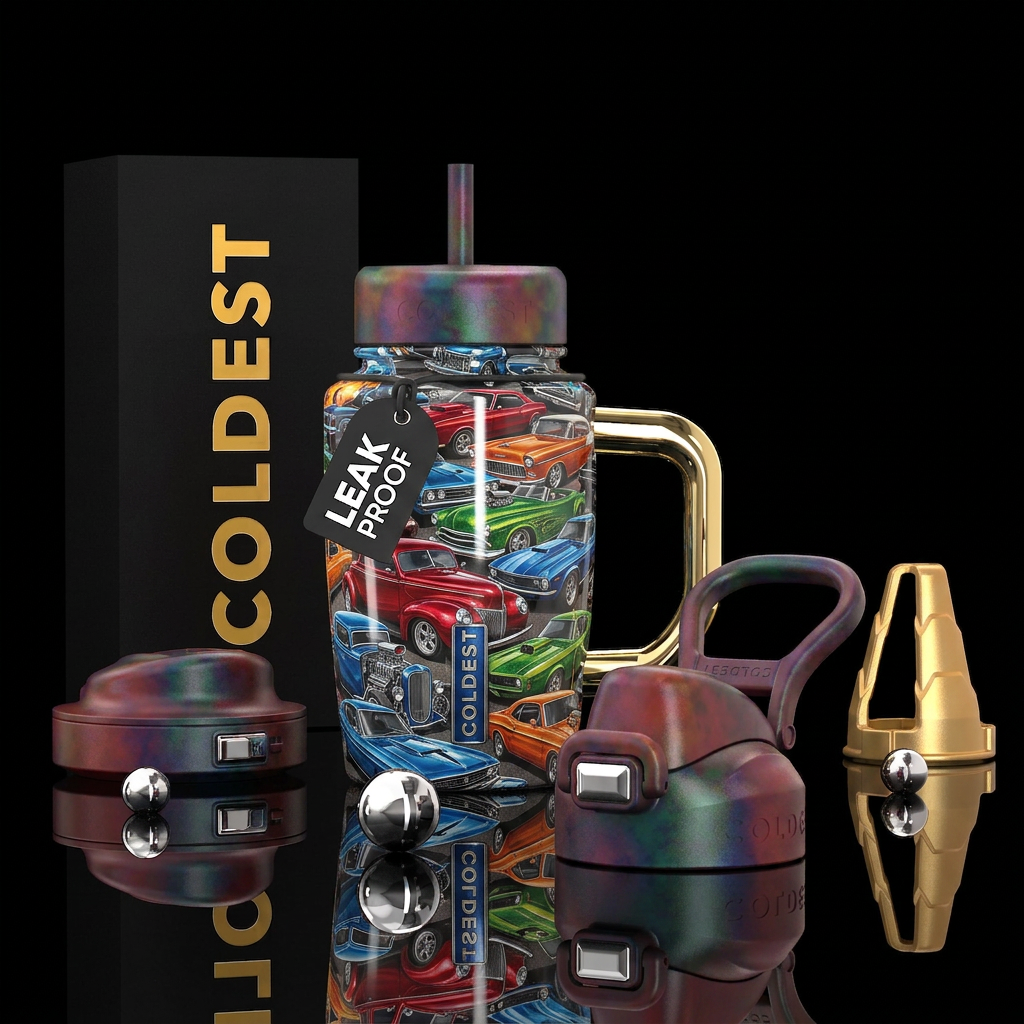 Car show, photorealistic, detailed, lifelike water bottle design