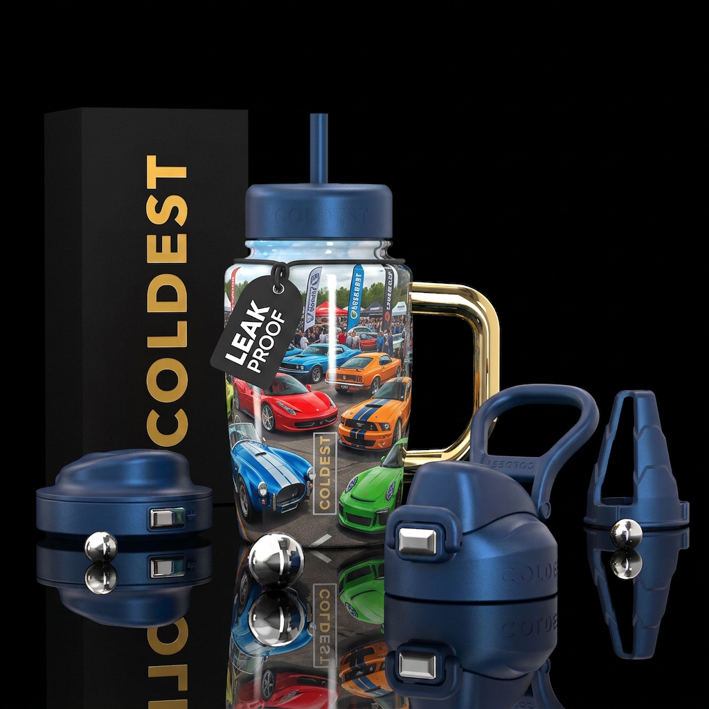 Car show, photorealistic, detailed, lifelike water bottle design