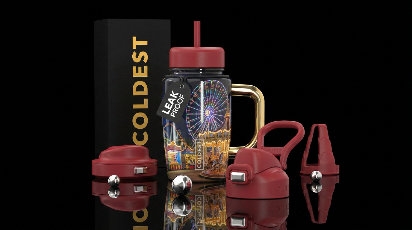 Carnival rides, photorealistic, detailed, lifelike water bottle design
