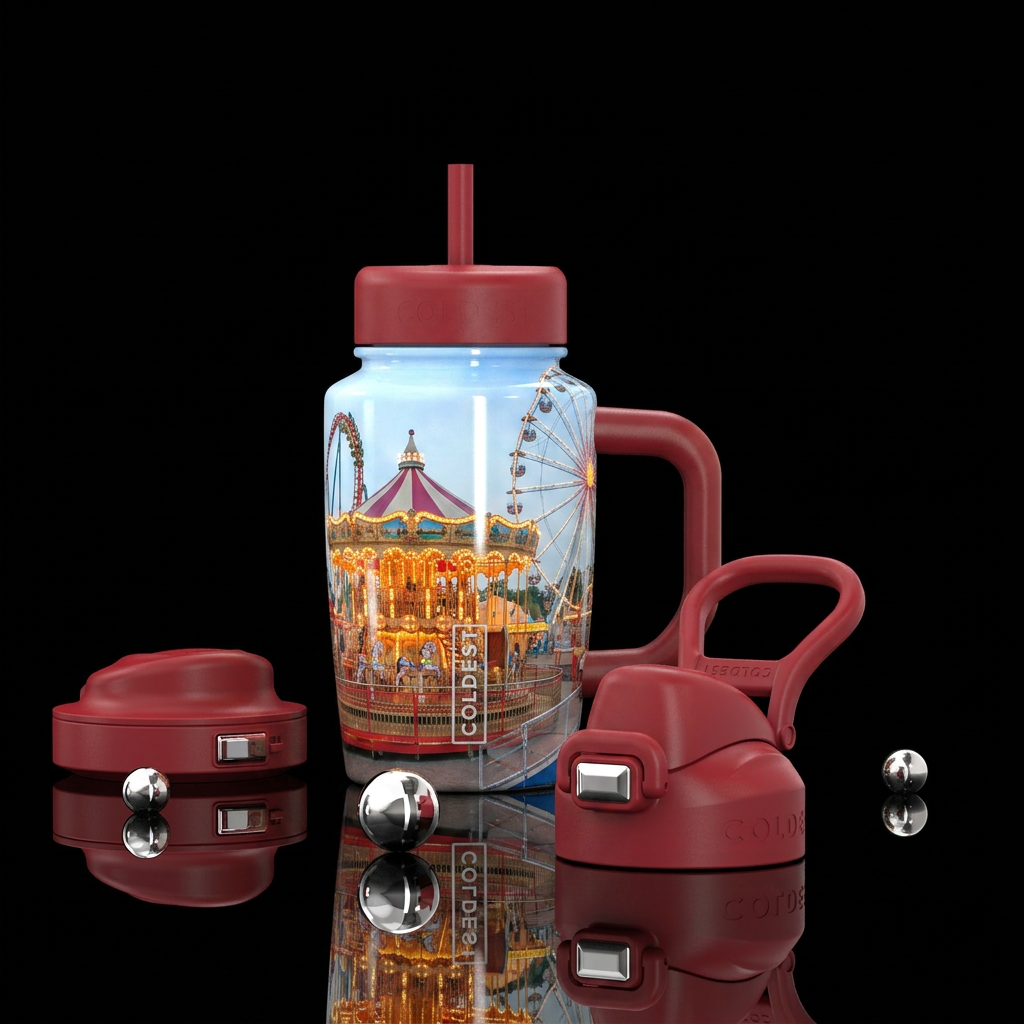 Carnival rides, photorealistic, detailed, lifelike water bottle design