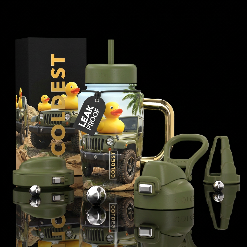 Rubber Duck on a Jeep, photorealistic, detailed, l... water bottle design