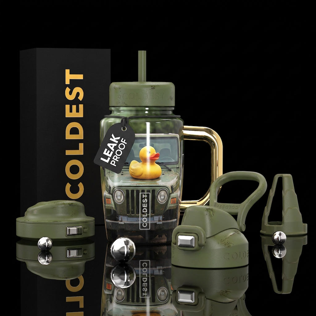 Rubber Duck on a Jeep, photorealistic, detailed, l... water bottle design