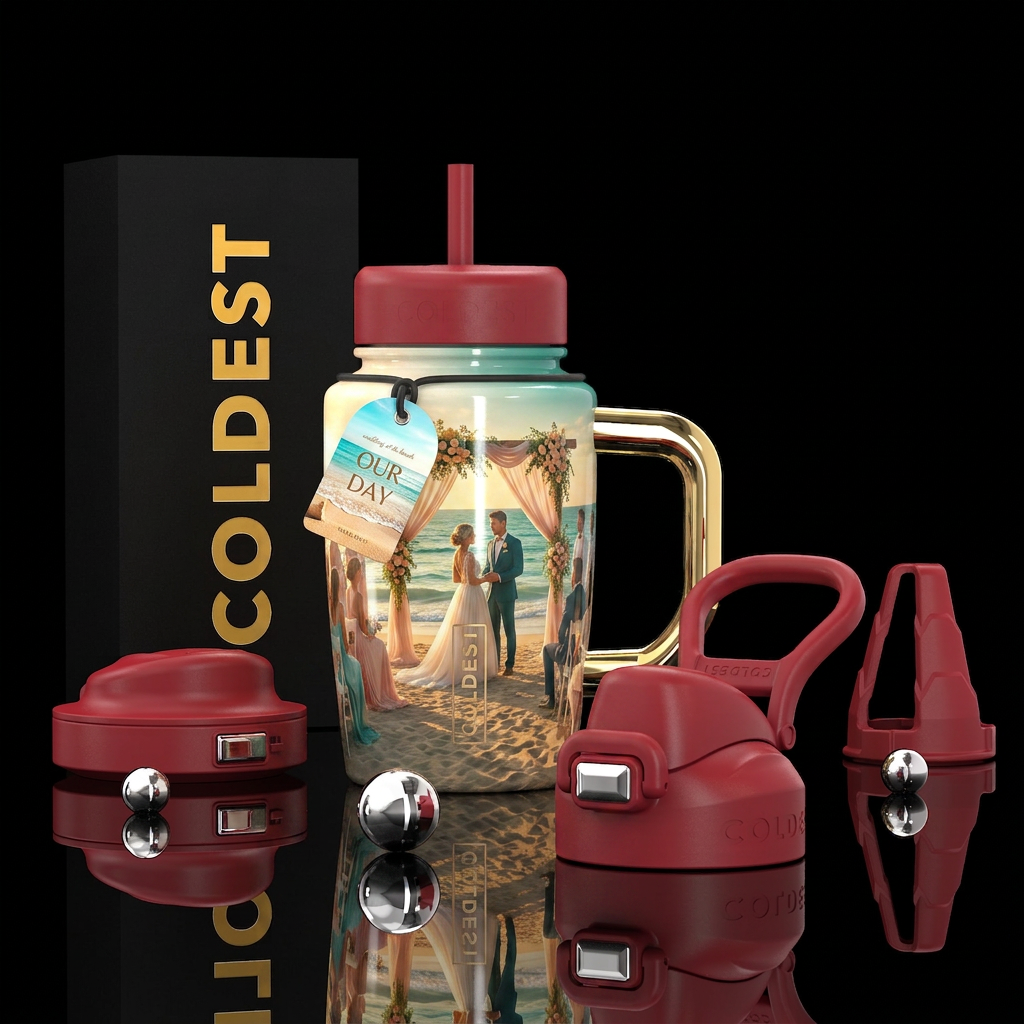 Wedding at the beach, photorealistic, detailed, li... water bottle design