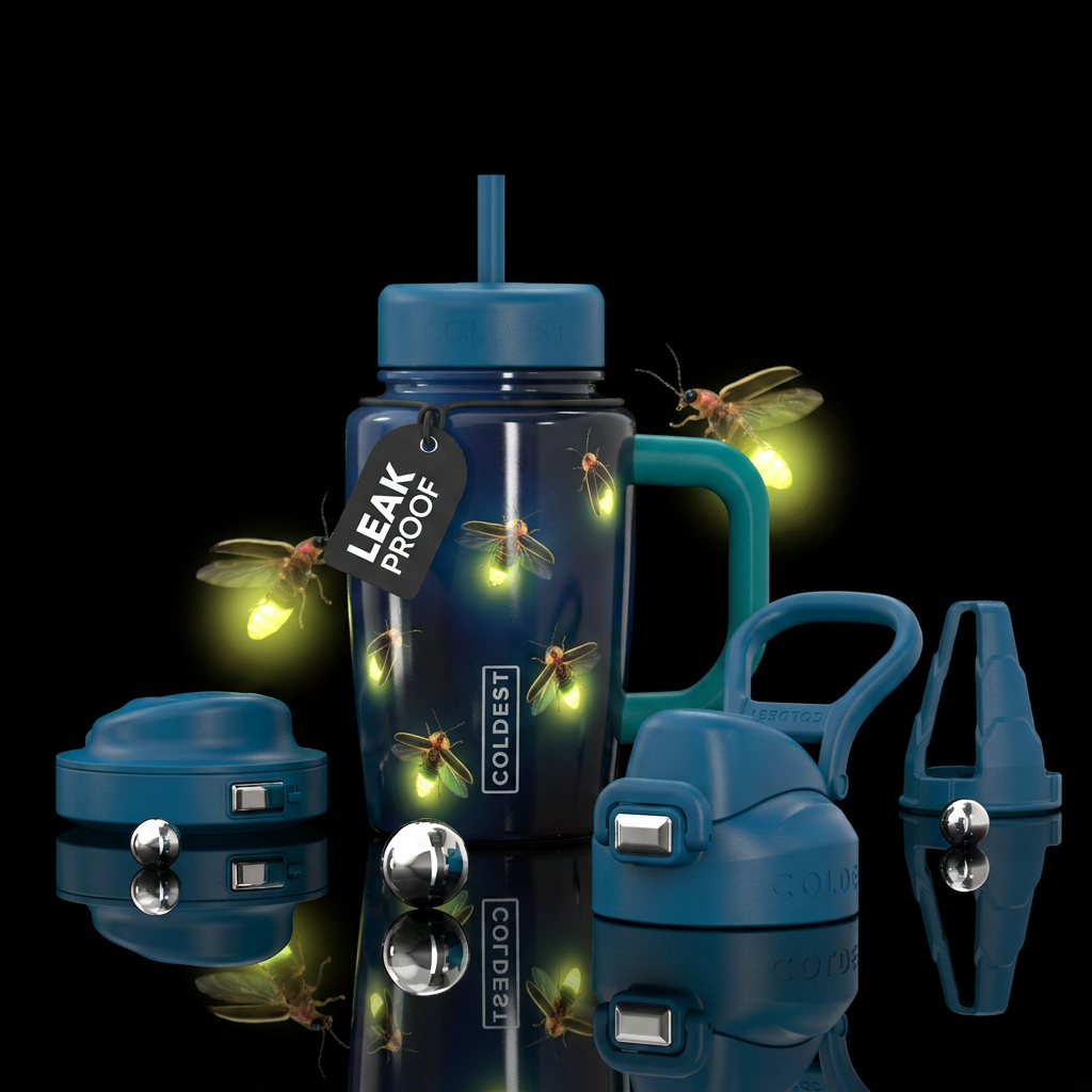 Glowie lightning bugs flying at night, photorealis... water bottle design