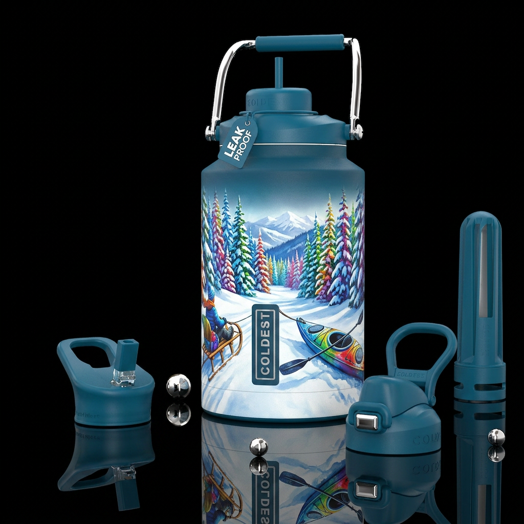 Sled riding in a kayak on a winter day, photoreali... water bottle design