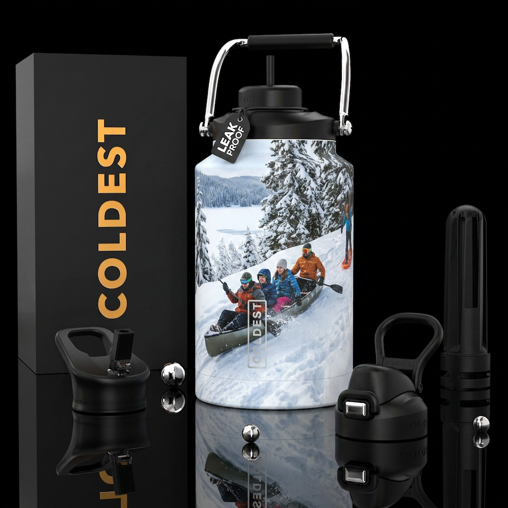 Sled riding in a kayak on a winter day, photoreali... water bottle design