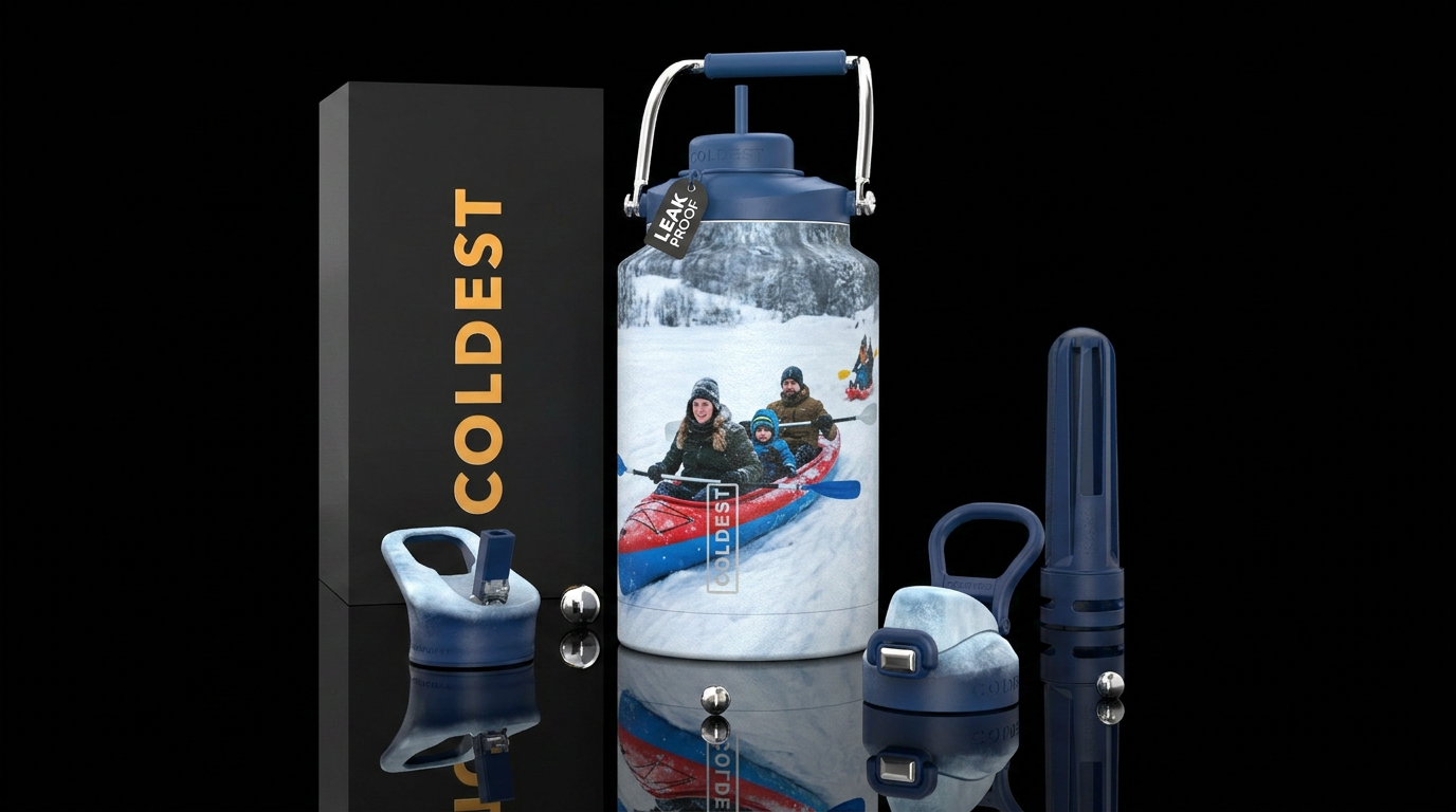Sled riding in a kayak on a winter day, photoreali... water bottle design