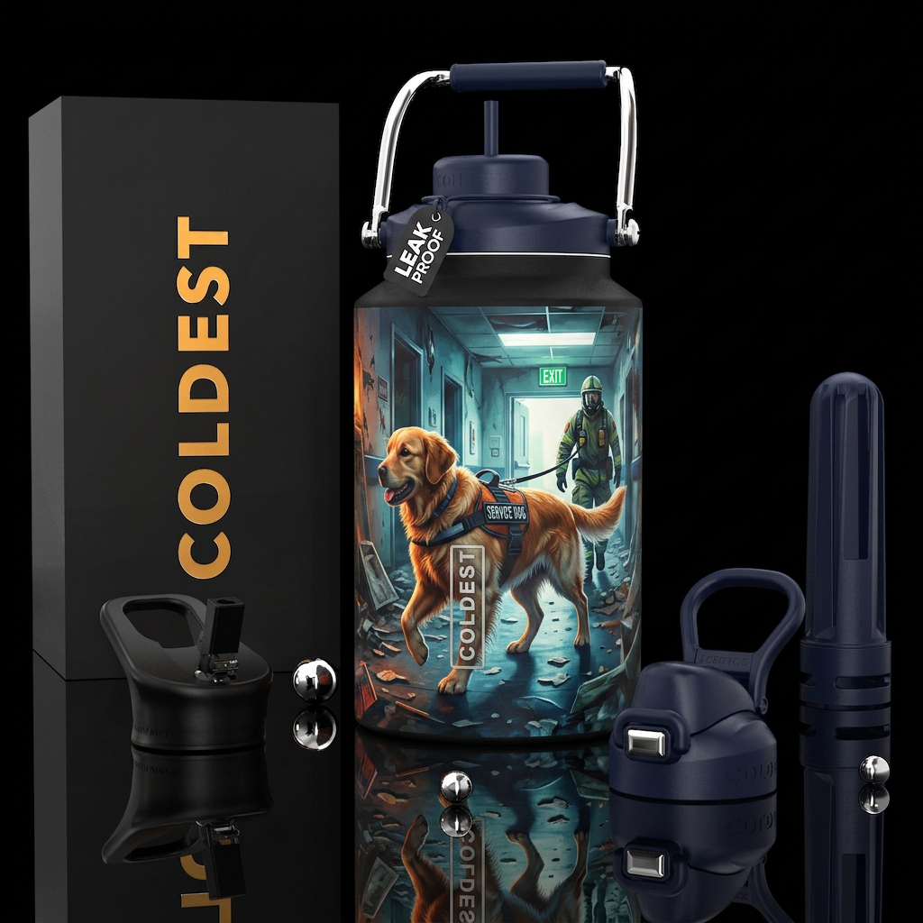 Service dog leading his person to safety, photorea... water bottle design