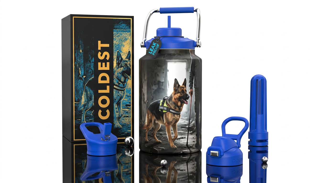 Service dog leading his person to safety, photorea... water bottle design