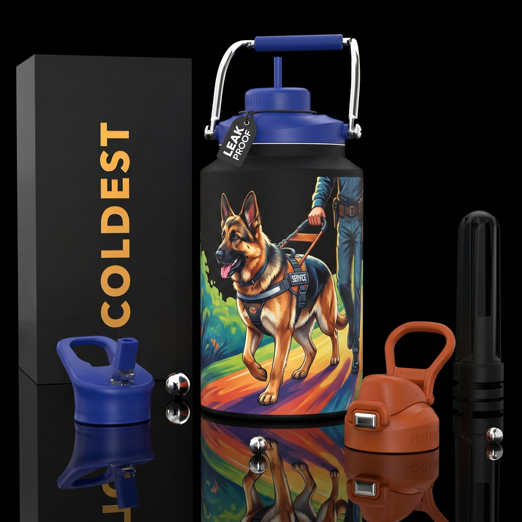 Service dog leading his person to safety, photorea... water bottle design