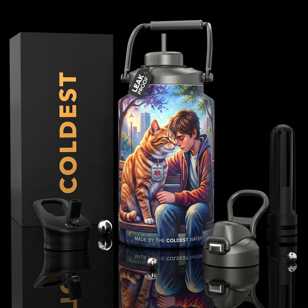 Medical alert cat with his person, photorealistic,... water bottle design