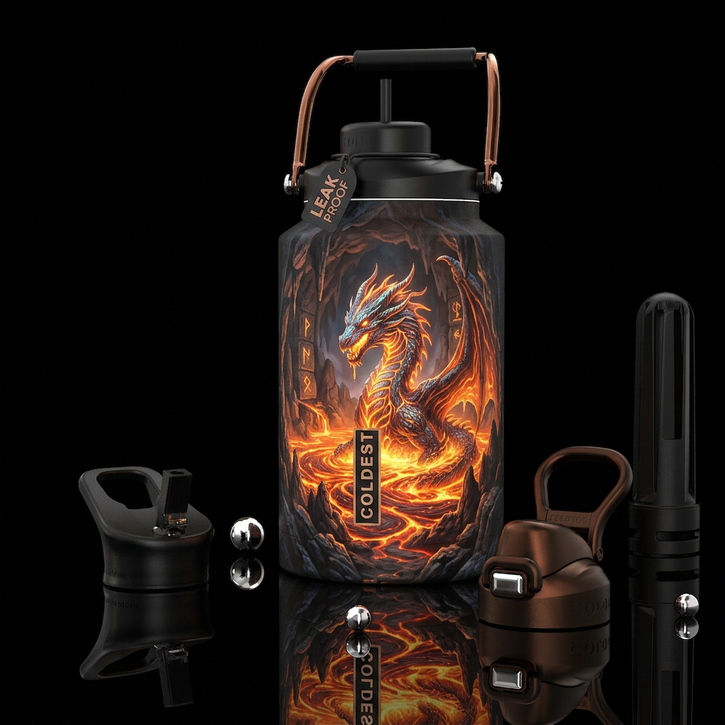 Glowie Dragon inside a volcano, photorealistic, de... water bottle design