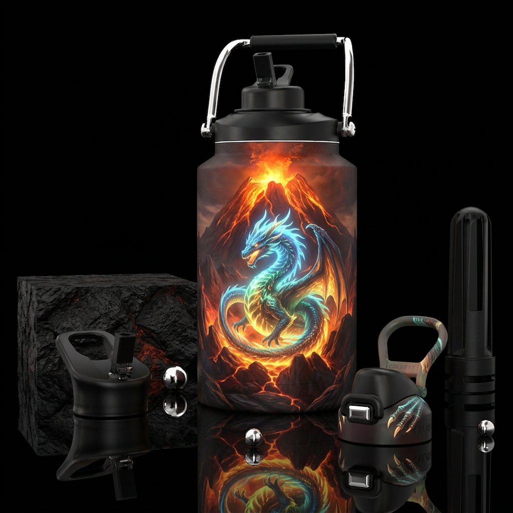 Glowie Dragon inside a volcano, photorealistic, de... water bottle design