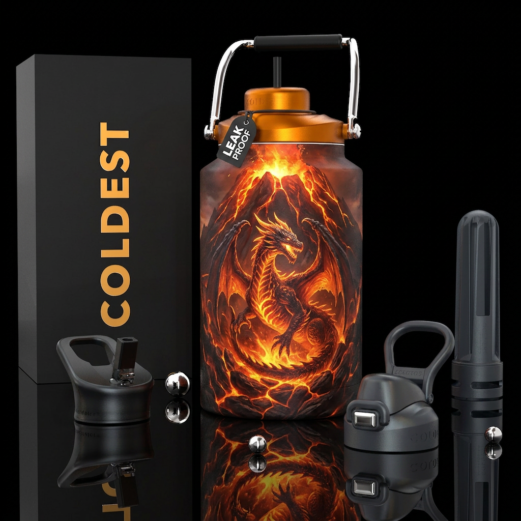 Glowie Dragon inside a volcano, photorealistic, de... water bottle design