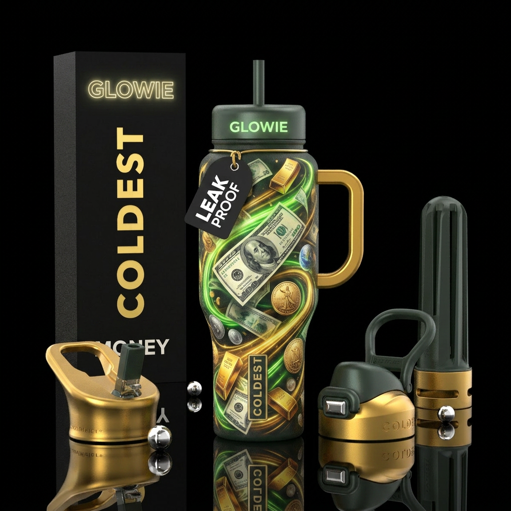 Glowie, money, photorealistic, detailed, lifelike water bottle design