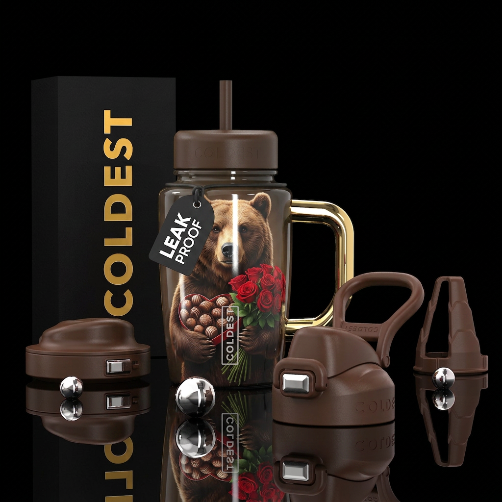 A bear holding Chocolates and a dozen of roses, ph... water bottle design