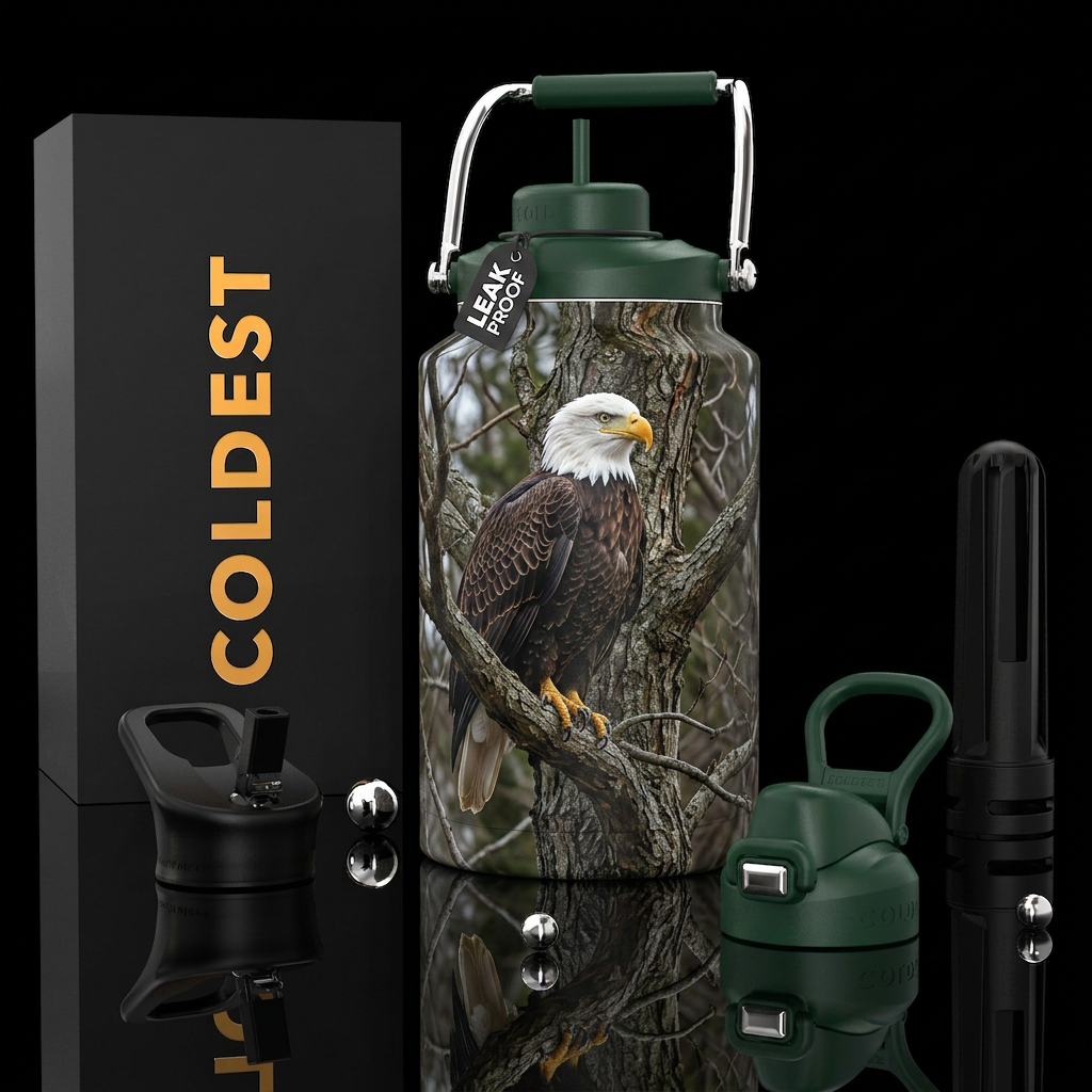 The American Bald Eagle In a tree, photorealistic,... water bottle design