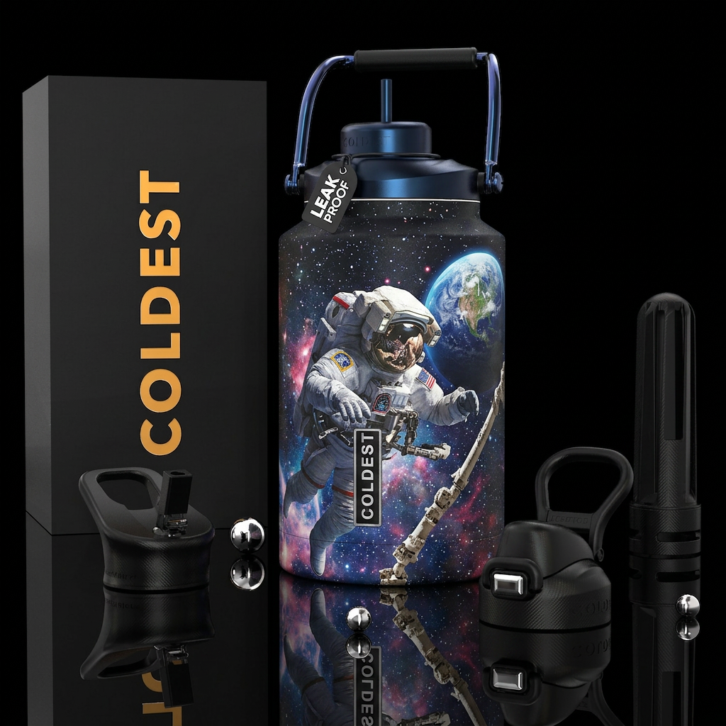 Spacewalk, photorealistic, detailed, lifelike water bottle design