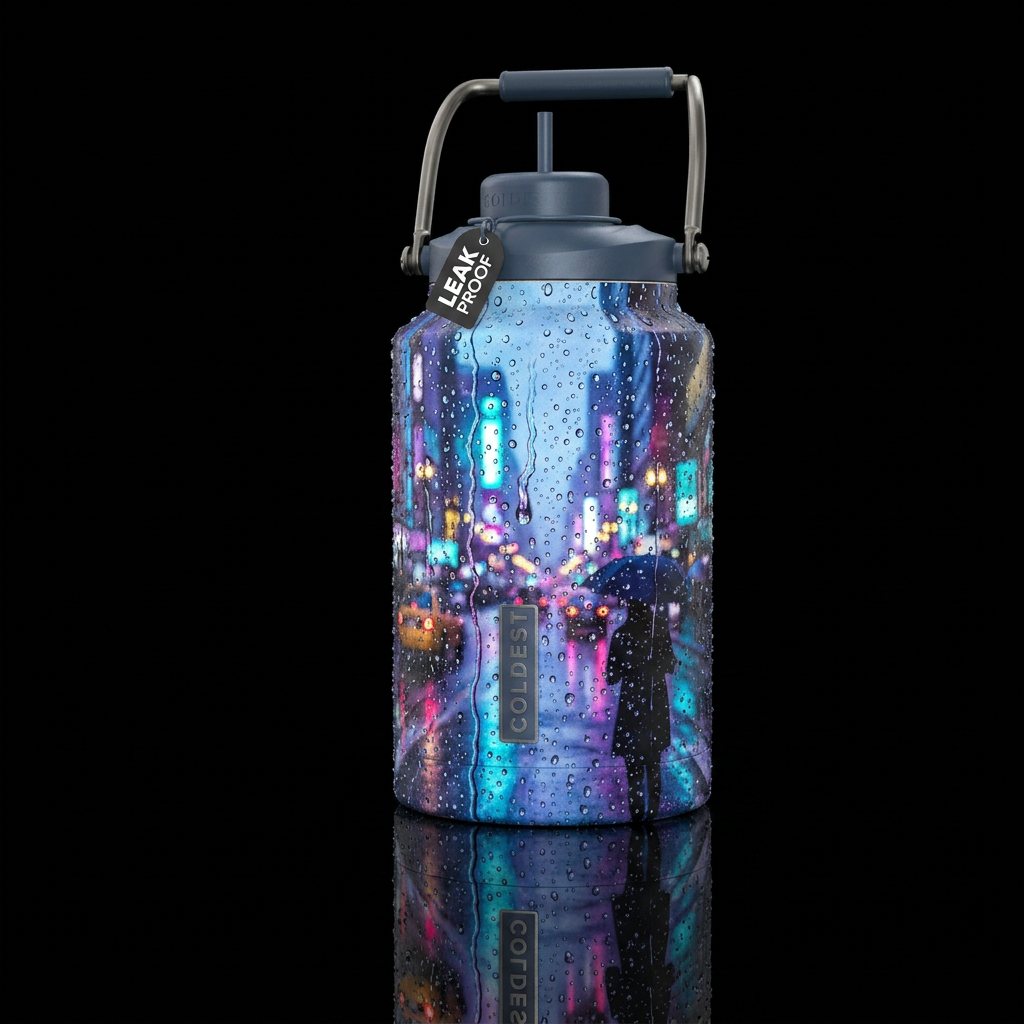 A rainy day, photorealistic, detailed, lifelike water bottle design