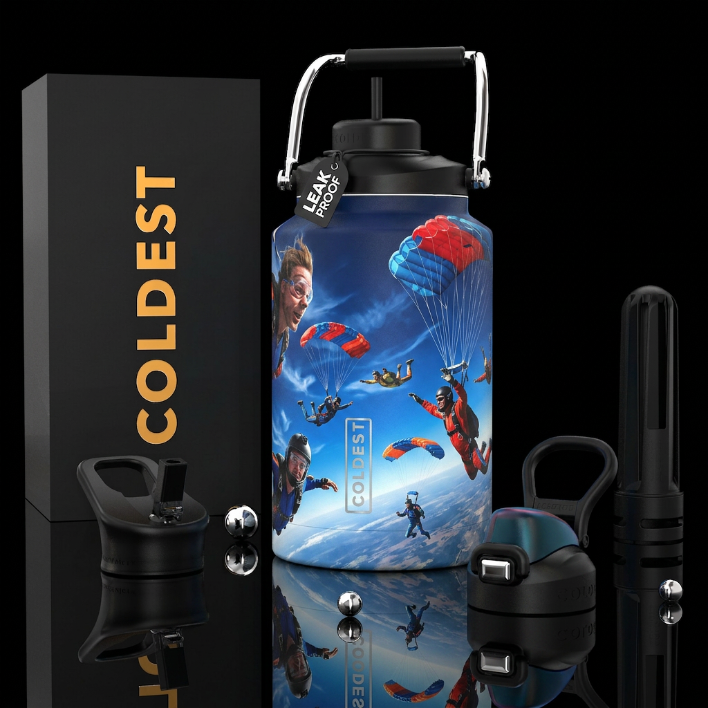 Skydiving, photorealistic, detailed, lifelike water bottle design
