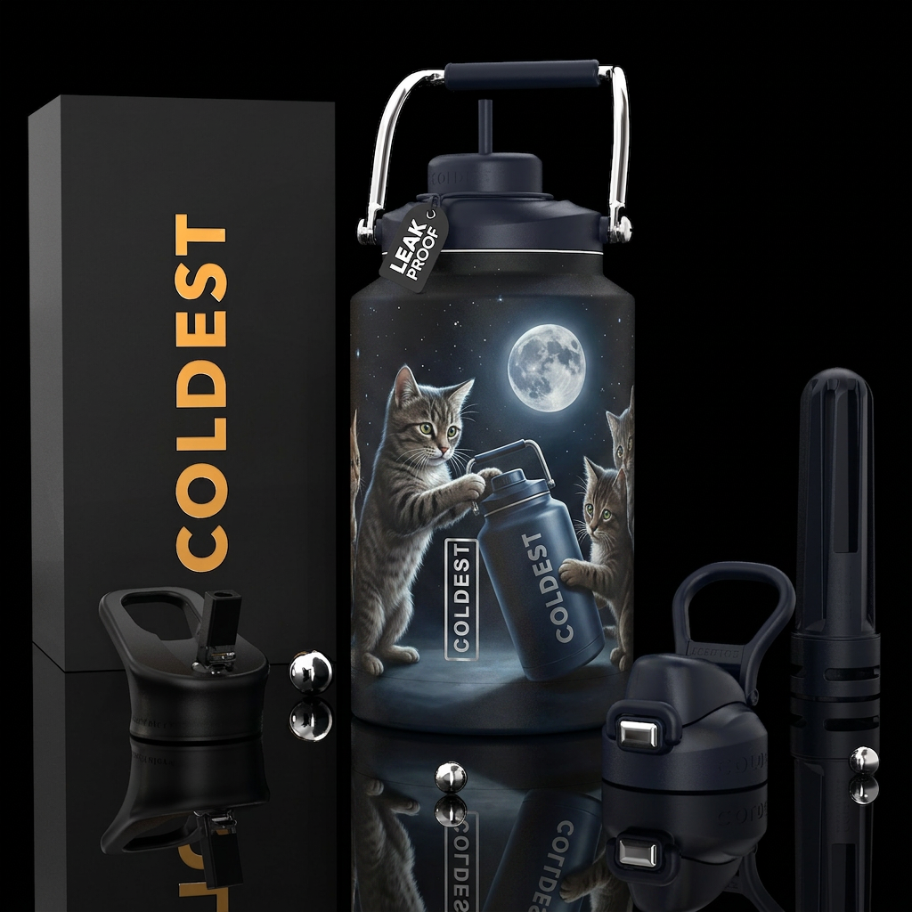 Cats playing with Coldest mini at night, photoreal... water bottle design