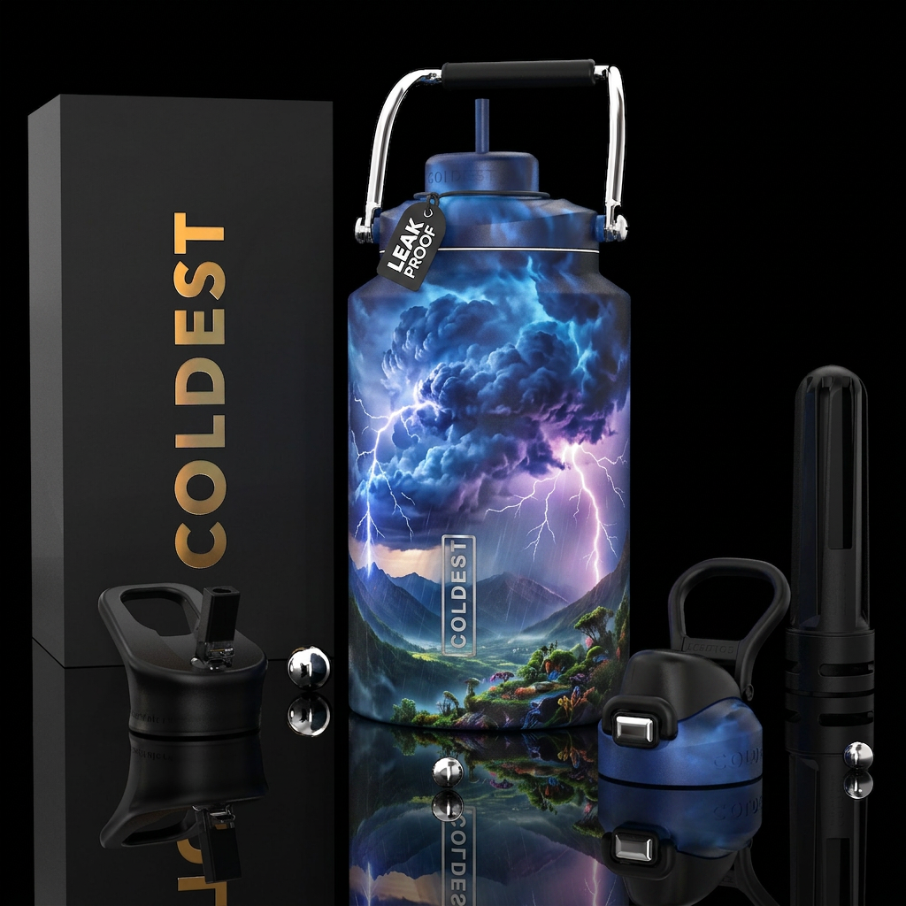 Thunderstorm world, photorealistic, detailed, life... water bottle design