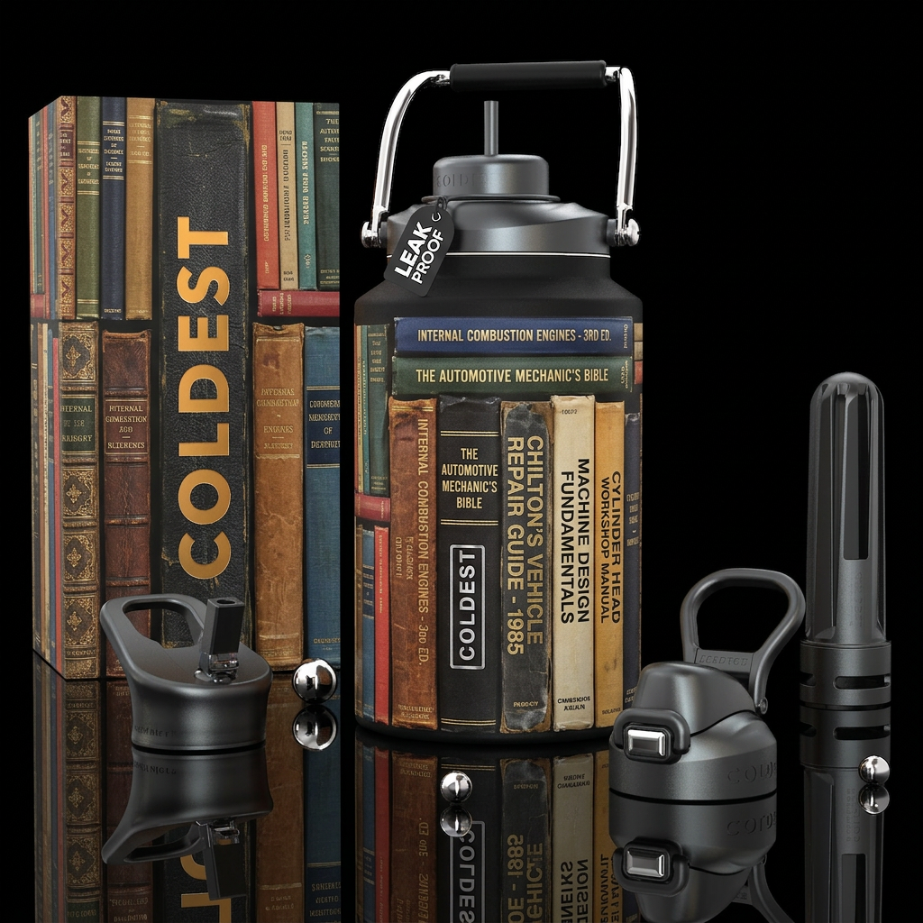 Mechanic Books, photorealistic, detailed, lifelike water bottle design