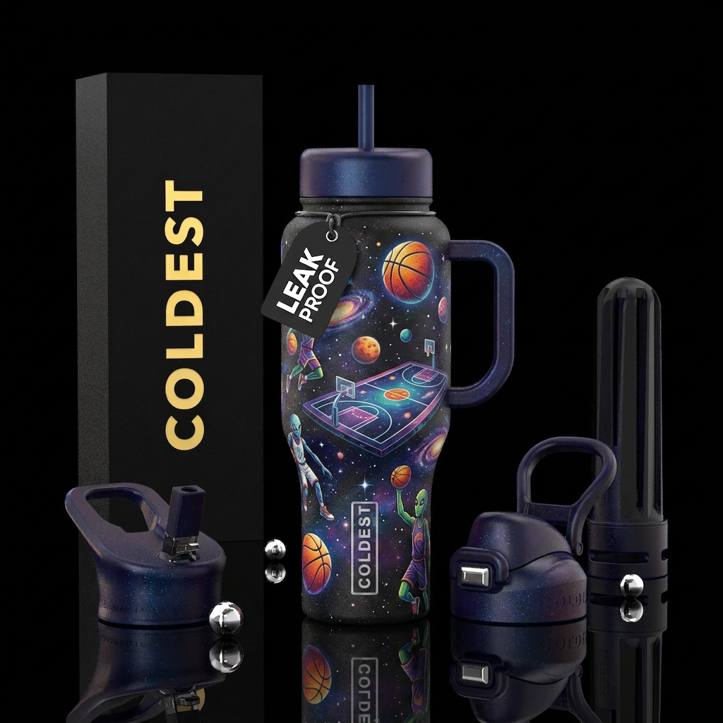 Basketball game in space water bottle design
