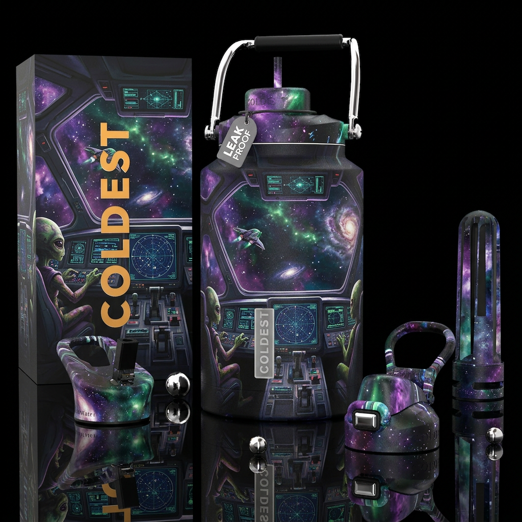 Cruising with the aliens, photorealistic, detailed... water bottle design