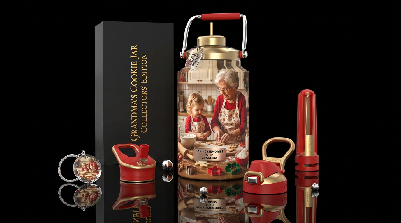 Baking Christmas Cookies with Grandma, photorealis... water bottle design