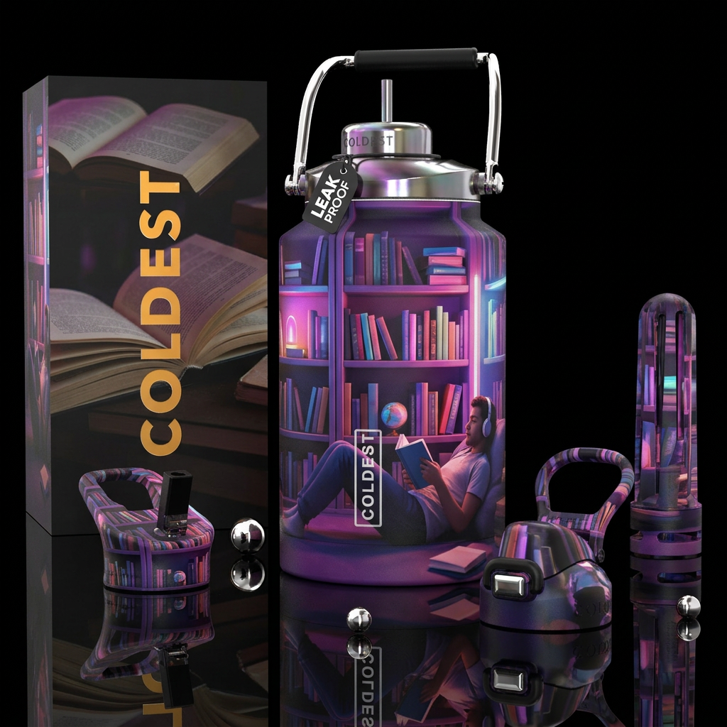 chillwave, reading, photorealistic, detailed, life... water bottle design